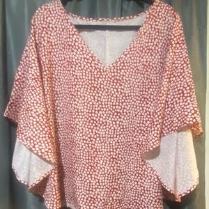 NWOT- Polished cotton blouse with fluttering sleeves, v neck red and white.